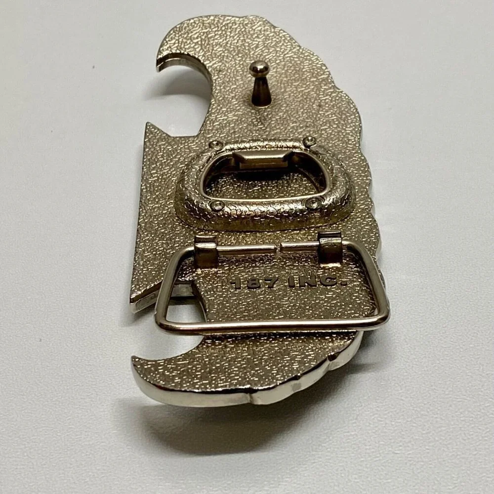 Cadillac 187 INC. Belt Buckle Bottle Opener Tool 5” Chrome Black Winged Logo Vtg